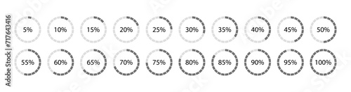 100 percent round pie chart. Grey circle filling template. Diagram structure divided into pieces. Circular section graph. Schemes with sectors. Piechart with segments and slices. Vector illustration