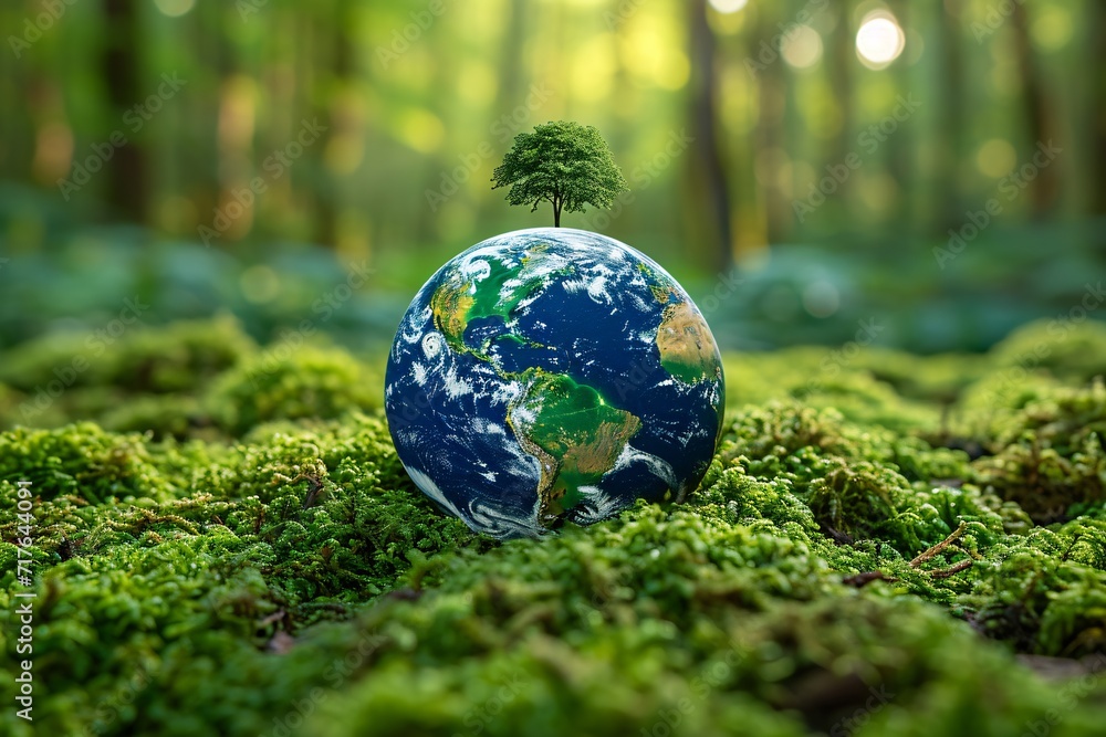 Eco-Friendly Earth Day Celebration: A Miniature Tree Growing on a Moss-Covered Planet Generative AI Eco-Friendly Earth Day Celebration: A Miniature Tree Growing on a Moss-Covered Planet Generative AI