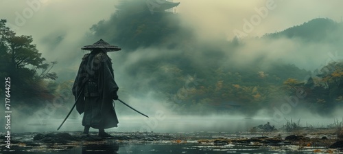 Samurai with katana sword. Fictional character. Generative AI technology. photo