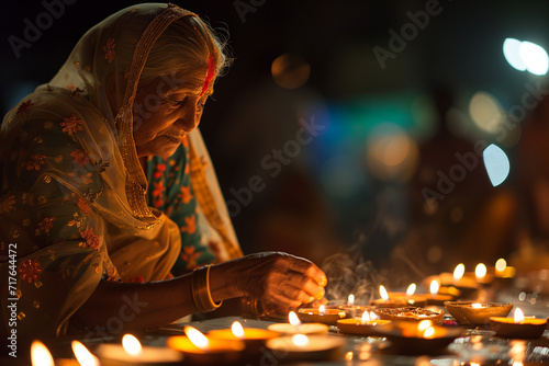 Diwali Festival Radiance: Photograph of an Elderly Indian Woman in Festive Sari, Lighting Lamps with Grace and Tradition, Creating a Heartwarming Wallpaper that Embodies the Spirit of Celebration