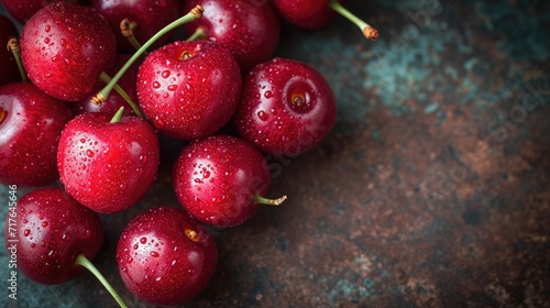 pile of tempting cherries, an interesting arrangement to showcase the brightness and softness of the fruit.