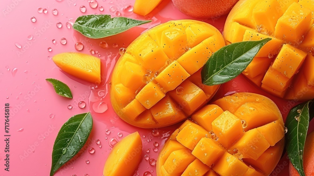 a fresh background with cuts of vibrant mango, a creative layout to highlight the fruit's softness and flavor.