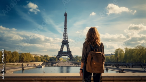 Young women excited with Eiffel tower at sunset in Paris the city of love by Ai generate.