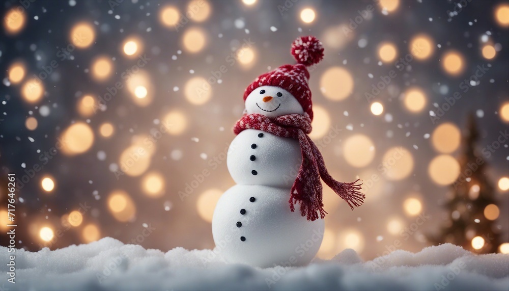 Christmas winter background with snowman in snow and blurred bokeh background
