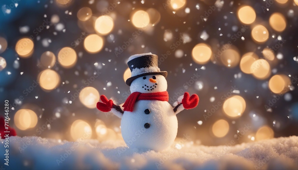 Christmas winter background with snowman in snow and blurred bokeh background
