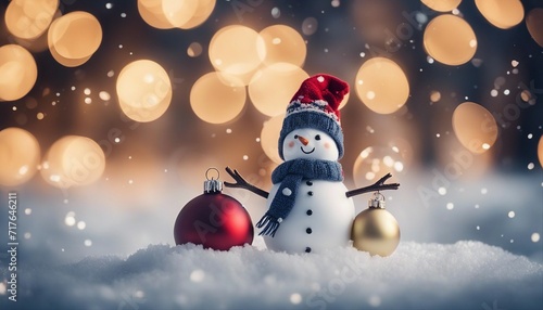 Christmas winter background with snowman in snow and blurred bokeh background 