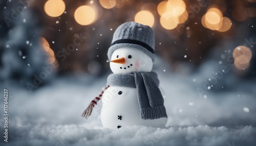 Christmas winter background with snowman in snow and blurred bokeh background  © abu
