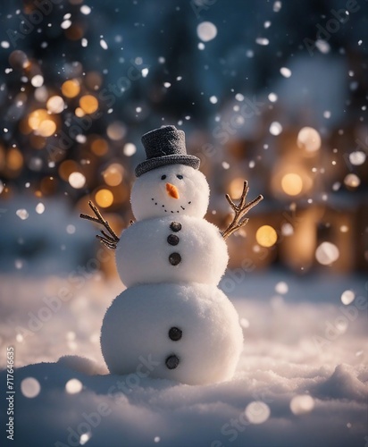 Christmas winter background with snowman in snow and blurred bokeh background   © abu