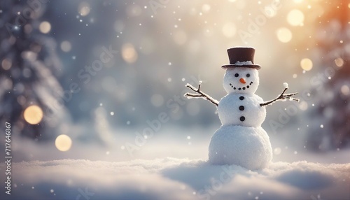 Christmas winter background with snowman in snow and blurred bokeh background   © abu