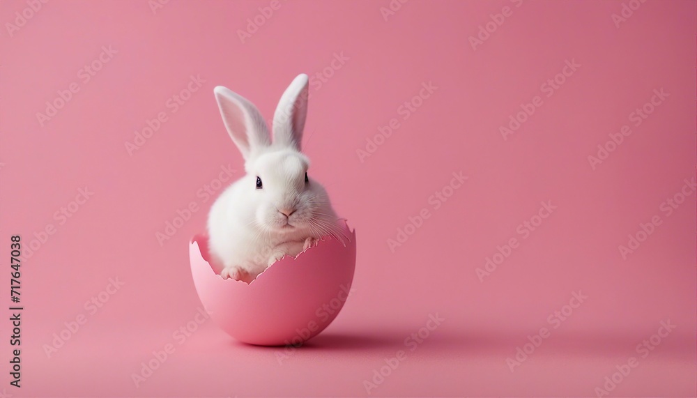 Cute Easter bunny hatching from pink Easter egg isolated on pastel pink background
 - obrazy, fototapety, plakaty 