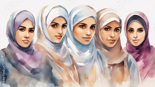 Watercolor art of a group of muslim women wearing hijab.