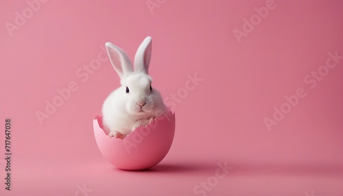 Cute Easter bunny hatching from pink Easter egg isolated on pastel pink background 