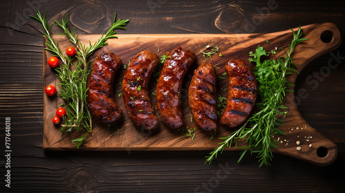 Grilling bavarian sausages on a cutting board with rosemary illustration