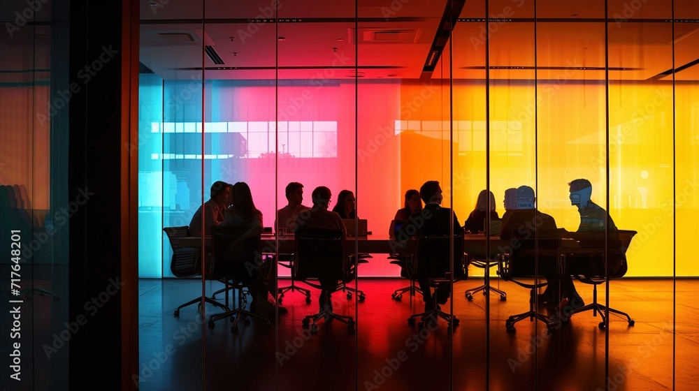 A group of people in small room in a business office, in the style of innovative A group of people in small room in a business office, in the style of innovative
