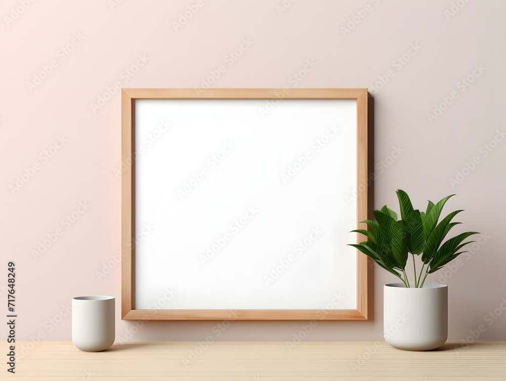3D blank wooden frame mockup in the wall 3D blank wooden frame mockup in the wall
