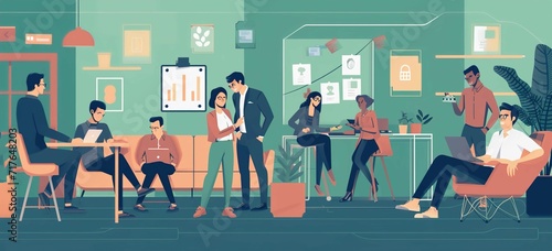A group of people in small room in a business office, in the style of innovative