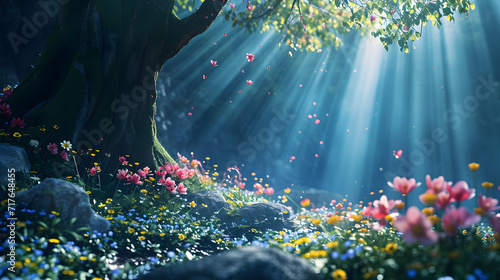 a field of flowers under a tree in the middle of the forest, the atmosphere in the middle of the forest at night with moonlight