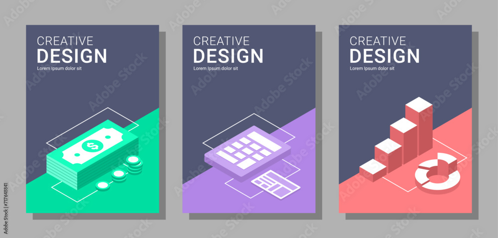 Set of vector A4 size accounting covers for flyers, posters, brochures, magazine, annual report, poster, and others. Trendy design with isometric elements concept. - obrazy, fototapety, plakaty 