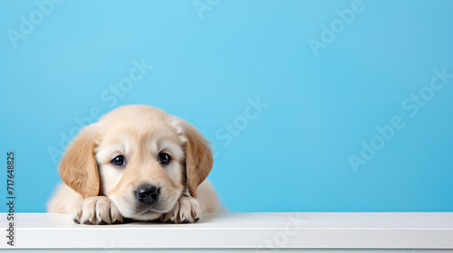 Golden Retriever Puppy on Blue Background with Copy Space