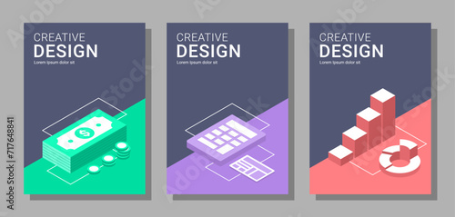 Set of vector A4 size accounting covers for flyers, posters, brochures, magazines, annual reports, and others. Trendy design with isometric elements concept. photo