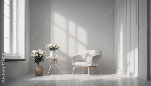 a minimalist room with a single chair and a flower pot, wall color in white tones 