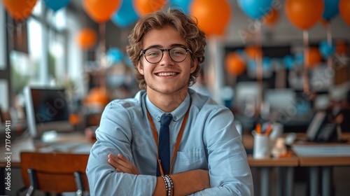 Smiling Man in Blue Shirt and Tie, Wearing Glasses and a Name Tag, with Orange Balloons in the Background Generative AI