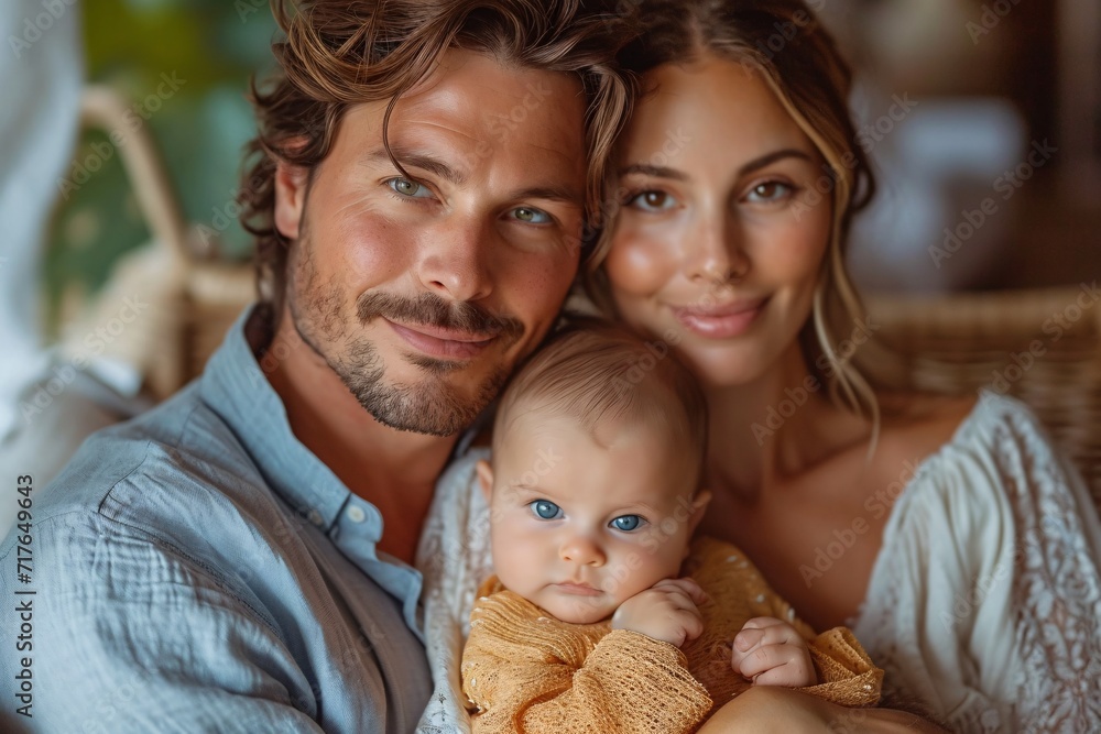 Obraz premium Cute Couple and Baby Celebrating Love and Family in a Monthly Event Generative AI