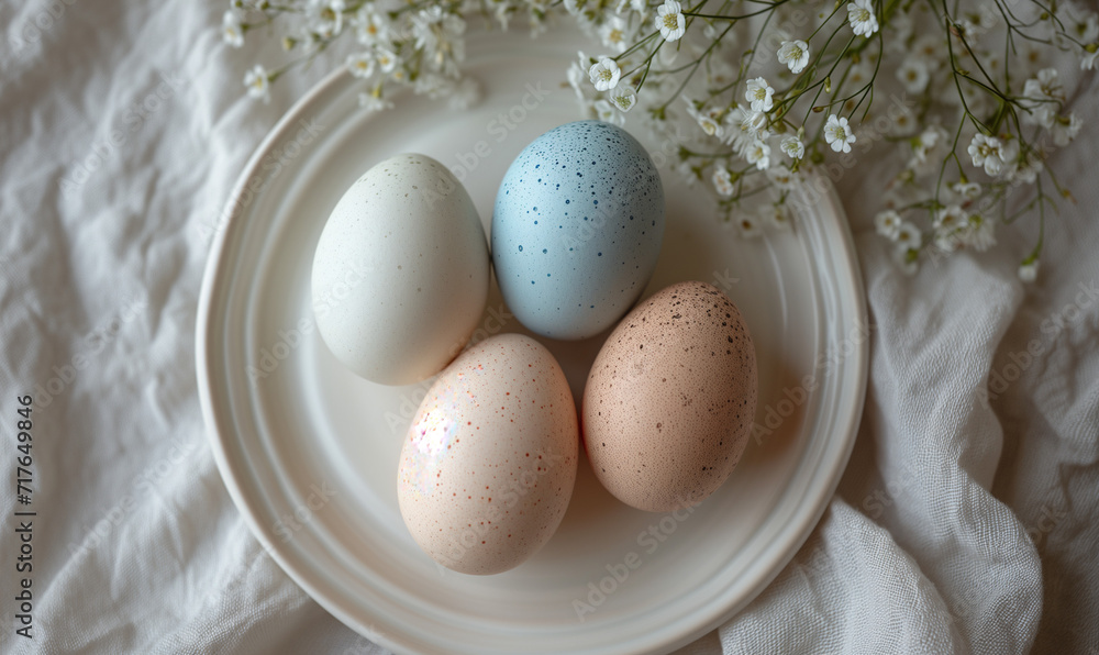 A top-view of a white plate with a simple arrangement of Easter eggs in soft, muted colors. A top-view of a white plate with a simple arrangement of Easter eggs in soft, muted colors.