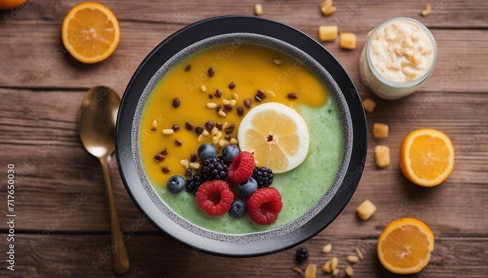 bowl with delicious and healthy smoothie, vegan food, above view
