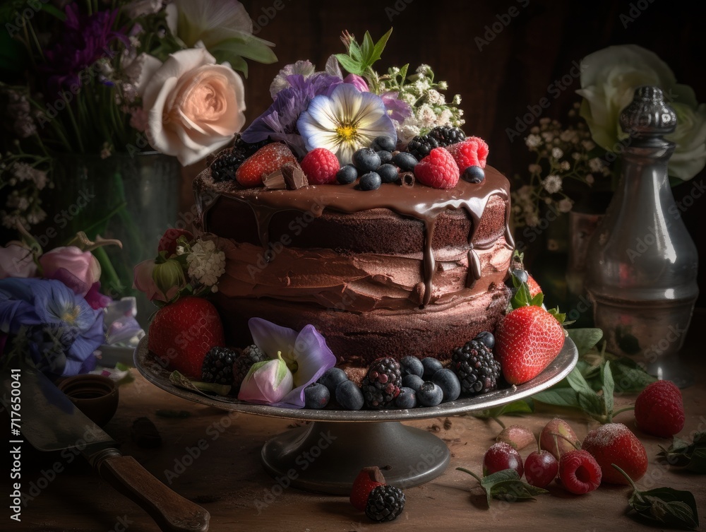 A decadent chocolate cake with layers of ganache and buttercream, garnished with fresh berries and edible flowers. Sweet Food Photography