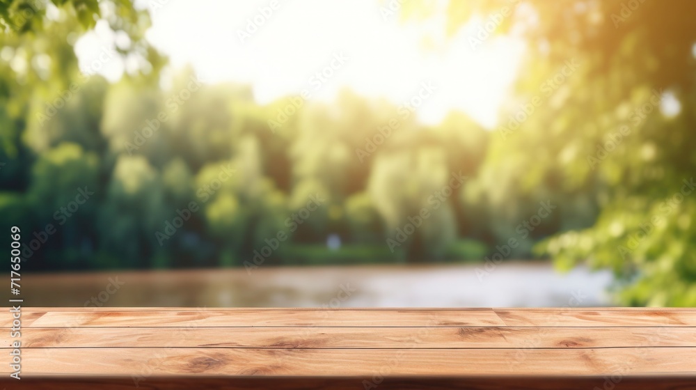 Wooden tabletop near river background and blurred green landscape for displaying or mounting your products Wooden tabletop near river background and blurred green landscape for displaying or mounting your products