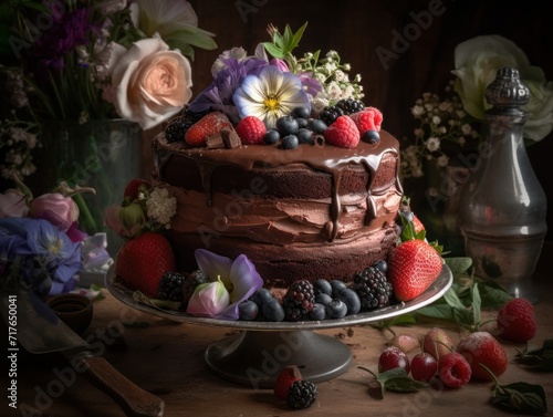 A decadent chocolate cake with layers of ganache and buttercream  garnished with fresh berries and edible flowers. Sweet Food Photography