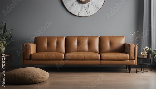 camel colored leather sofa and gray wall color, minimalist design
 photo
