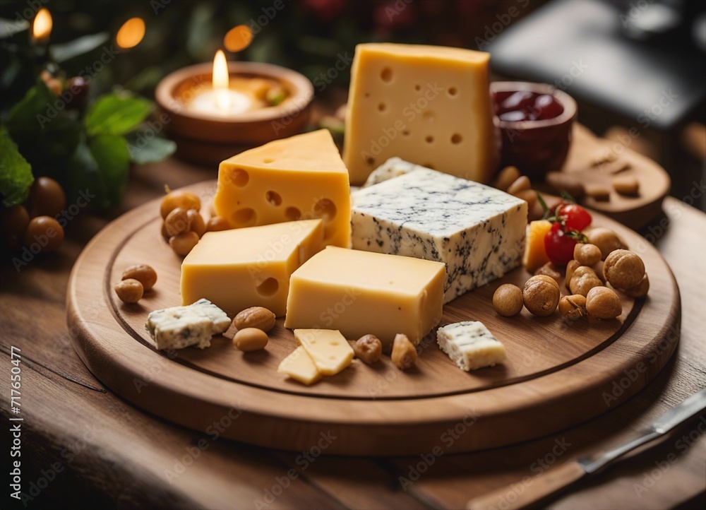 cheese assortment in a wooden presentation plate
