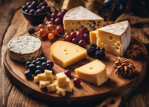 cheese assortment in a wooden presentation plate 