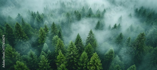Aerial view misty pine spruce forest. Generative AI technology. © Hero Design