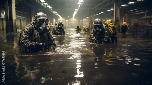 Technicians in gas masks assess toxic spills in industry