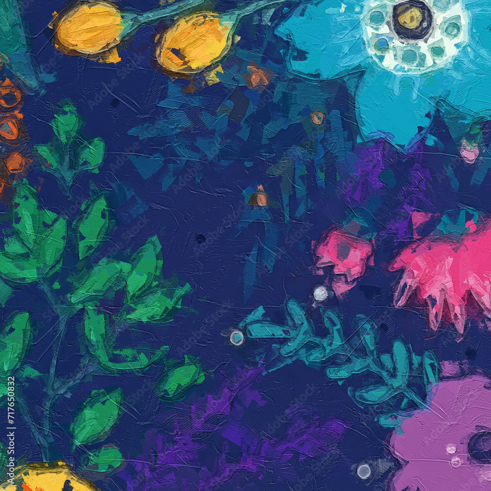 Naklejka premium Oil painting and various flowers, chrysanthemums, and the beauty of the ocean world