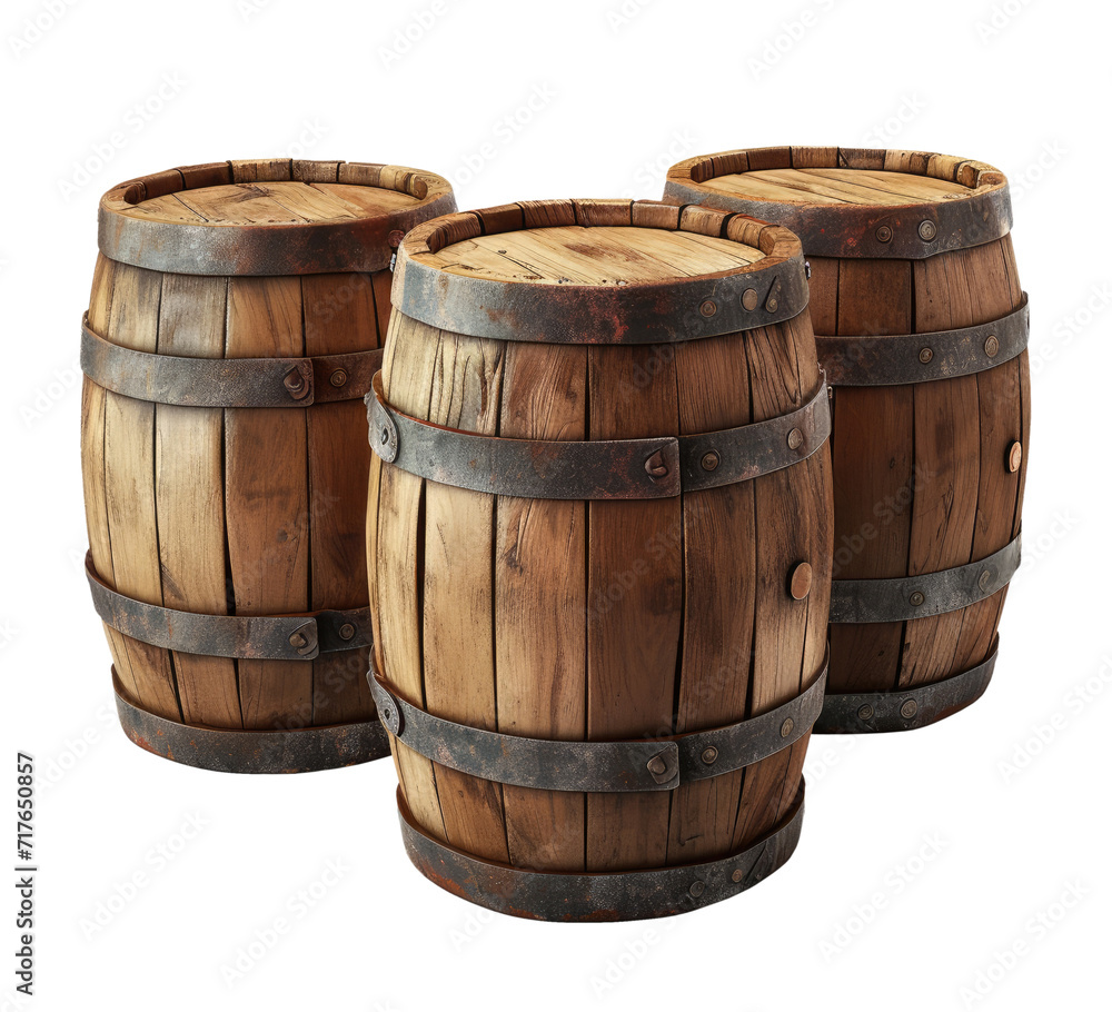 Fototapeta premium Three wooden barrels isolated on transparent background