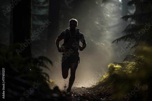 Silhouette of trail runner running on a forest trail in nature. Healthy outdoor sports lifestyle and fitness activity.