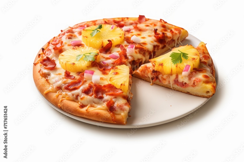 Fresh pizza with pineapple on a white plate isolated on a white background. Strong shadow. Fresh pizza with pineapple on a white plate isolated on a white background. Strong shadow.