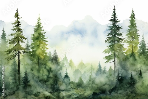 Continuous watercolor artwork of pine trees. Generative AI