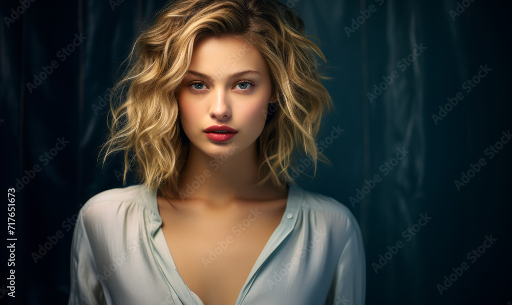 Graceful Young Woman with Short Wavy Blonde Hair, Red Lips, and Light Blouse on a Moody Blue Background Graceful Young Woman with Short Wavy Blonde Hair, Red Lips, and Light Blouse on a Moody Blue Background