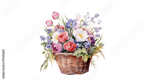 Bouquet of flowers in basket cutout. Flowers in basket in watercolor on transparent background.