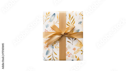 Wrapped gift box with bow and ribbon cutout. Present box top view on transparent background