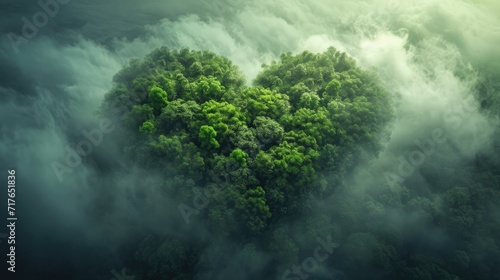 Generative AI, Green forest with heart shape, beautiful landscape with white clouds, environment love planet concept 