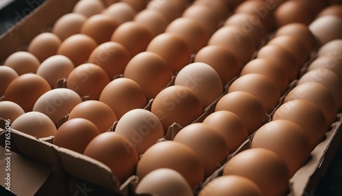 freshly collected organic eggs in cardboard boxes, top view 
