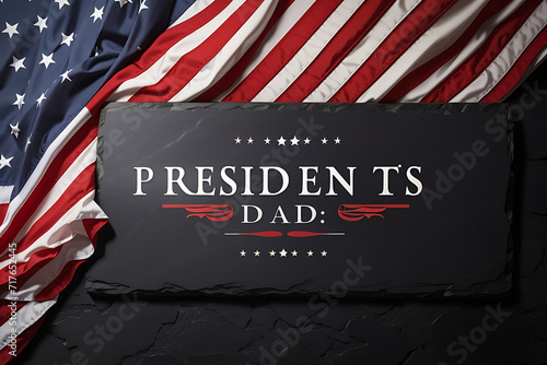 Presidents Day Banner design. Premium Holiday Background with US Flag on Black Slate designs. photo