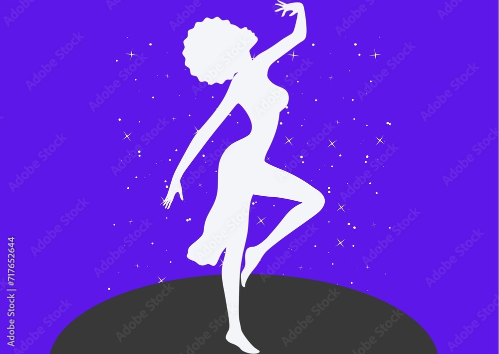 Young African woman dancing illustration , party concept . Curly hair black woman , purple background Young African woman dancing illustration , party concept . Curly hair black woman , purple background