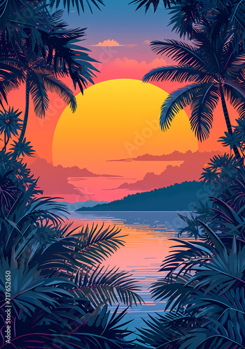 Tropical graphic sunset tropical landscapes, in the style of crisp neo-pop illustrations